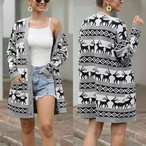 Womens autumn plus size loose long-sleeved cardigan sweater top elk print single-row button mid-length sweater coat /F