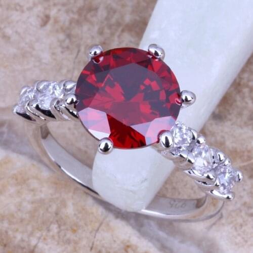 Heavenly Red Garnet White CZ Silver Plated Womens Jewelry Ring Size 6 / 7 / 8 / 9 R0704