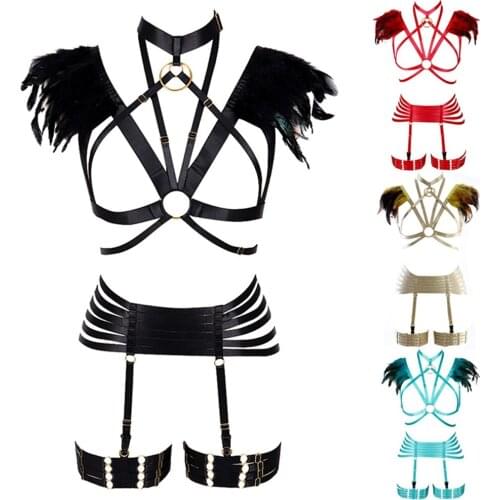 Feather Womens Underwear Sexy Lingerie Set Harness Fashion Gothic Body Cage Bra Rave Festival Bralette Harness Sculpting Garter