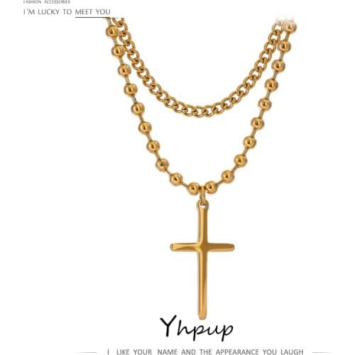 Yhpup Stainless Steel Jesus Cross Pendant Necklace for Women Minimalist Metal Gold Layered Collar Necklace Summer 2021 Gift