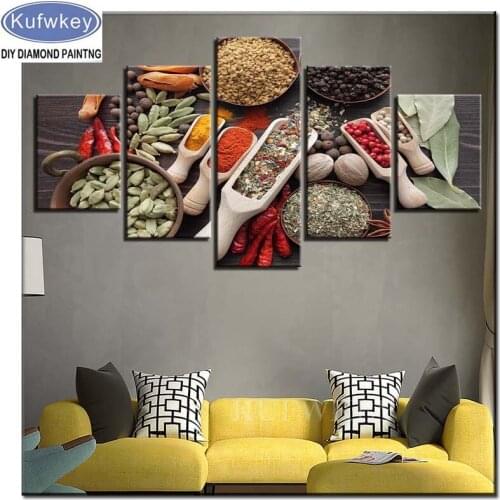 2019 New POP Diamond Painting Full Square round drill resin Diamond Embroidery Diamond Mosaic 5 Pieces Spoon Grains Spices Food