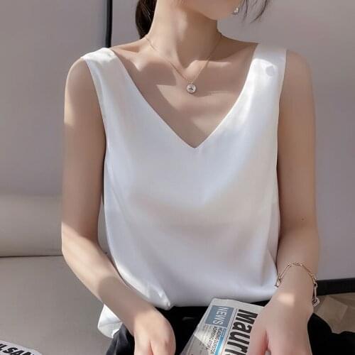 2021 Office Womens Blouses New Summer Casual V Neck Basic Satin Blouse Top Loose Solid color Silk Blouses for Women