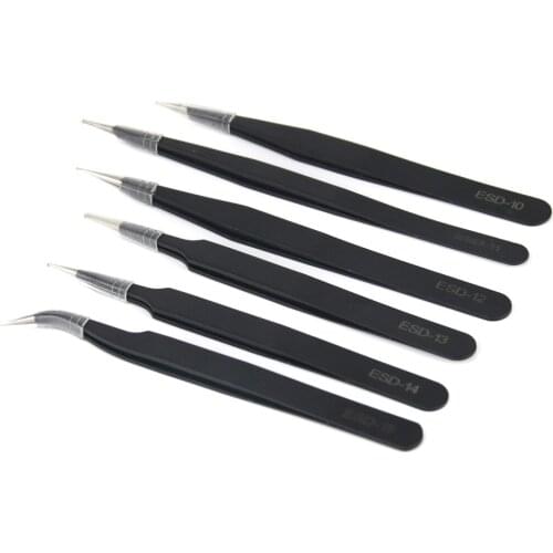 6pcs Anti-static ESD 10-15 Industrial Precision Curved Straight Tweezers Stainless Steel BGA Repair Tweezers Maintenance Tool
