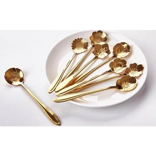 8pcs/set Flower Design Stainless Steel Spoon set Tea Coffee Metal golden Dessert Spoon