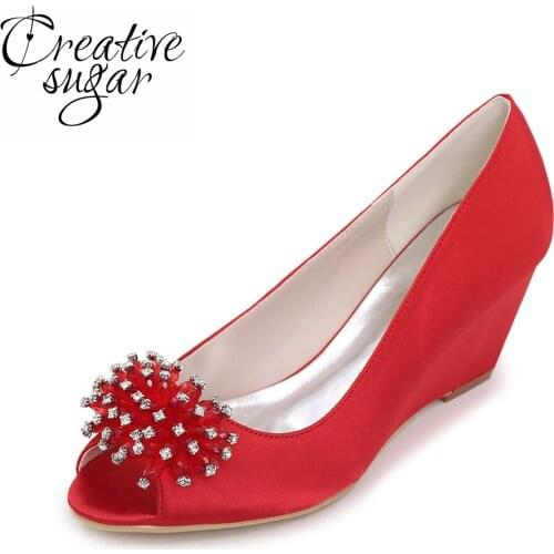 Creativesugar Beading flower lady open toe satin bridal wedding party evening dress wedge heel lady shoes slip on pumps silver