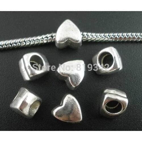 Free Shipping 40pcs Antique Silver Tone Valentine Big Hole Heart Beads Fits European Charm Bracelet 8x7mm Jewelry J0492