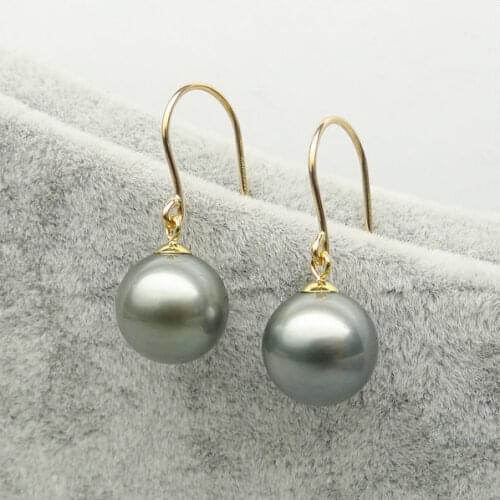 Free Shipping 10-11MM Natural Color Real Tahitian Pearl Drop Earrings Dangle 14K Yellow Gold