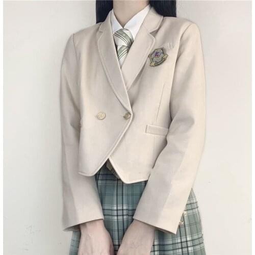 Autumn Women Badge Insignia Beige Blazer Jacket Dress Suit JK High School Uniform Students Girl Preppy Style Loose Outwear Coat