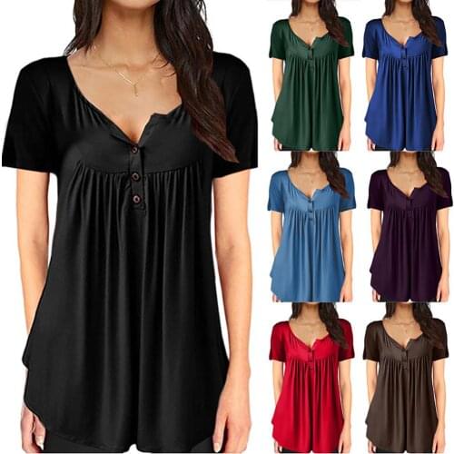 Women blouses V Neck Short Sleeve Loose Casual Top Button T Shirt Solid Color Blouse Plus Size 5XL high quality women shirt