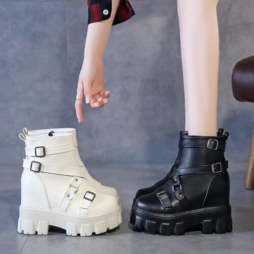 Platform Shoes Platform Ankle Boots for Women Height Increasing Metal Buckle Black Short Boots Woman Autumn Winter Punk Booties