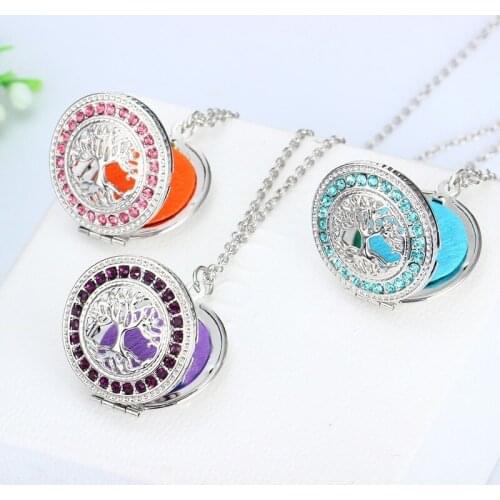BOTU 2021 Retor Hollow Multicolor Crystal Tree of Life Aromatherapy Pendant Necklace Perfume Oil Distributor Copper Pendant
