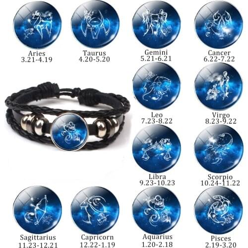 New Gift Cute Convex Round Zodiac Sign Leather Bracelet Aries Leo Constellation Bracelet Virgo Pisces Multi-layer Bead Man Woman