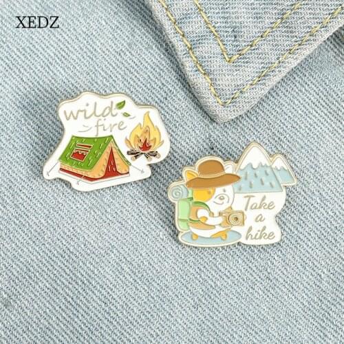 XEDZ Forest wooden house fire enamel brooch cartoon children bear holiday forest picnic photo brooch punk costume pendant jewelr