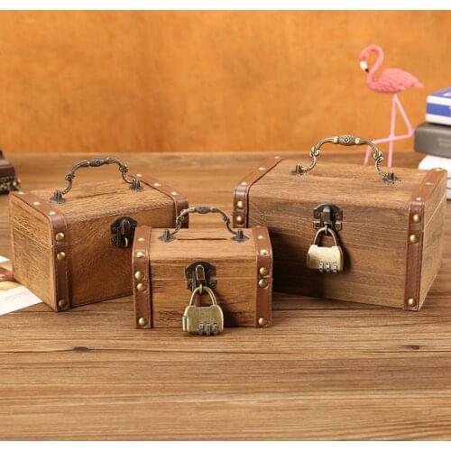 Wooden Retro treasure chest piggy bank Decorative box with lock ，Coin, banknote storage box Childrens gift small password box