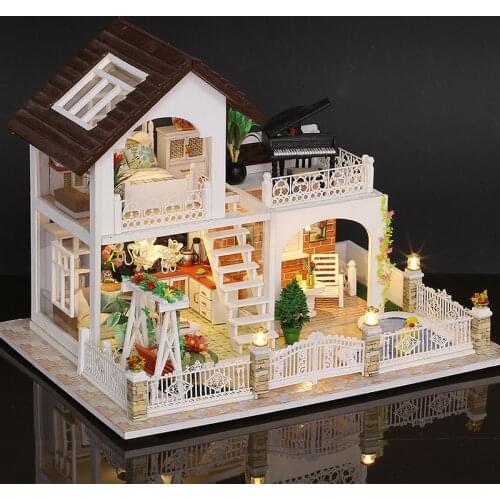 Wooden DIY Dollhouse Kit Miniature With Furniture Light European Casa Holiday Cottage Doll House Roombox Toys For Girls Gifts