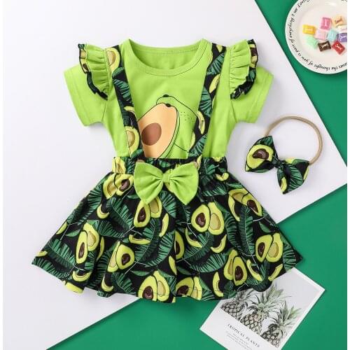 Avocado Printing Children Clothing Sets Toddler Kids Baby Girl T Shirt Letter Tops+fruit Floral Bow Suspender Skirts Summer Set
