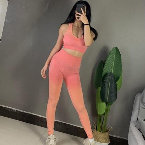 2pcs Women Seamless Yoga Set Gym High Waist Ombre Leggings +bra crop Top Suit Fitness Workout Sports Sportswear Set