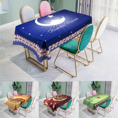 Muslim Eid Mubarak Print Tablecloth Waterproof Rectangle Cotton Linen Prayer Dining Table Cloth Ramadan Kareem Decoration