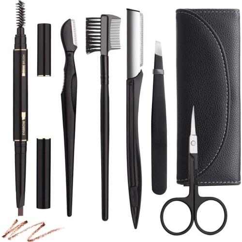 FAMILIFE F04 Eyebrow Kit 7 in 1 Eyebrow Scissors, Eyebrow Pencil, Eyebrow Brush with Black Leather Bag