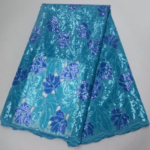 Latest design African handcut organza lace fabric turquoise blue sequins lace fabric with embroidery for party dress OP122