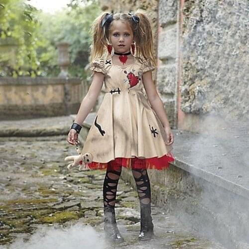 New Girls Princess Dress Short Sleeve Printing Beige Halloween Party Cosplay Halloween Children Series Party Festival Suit