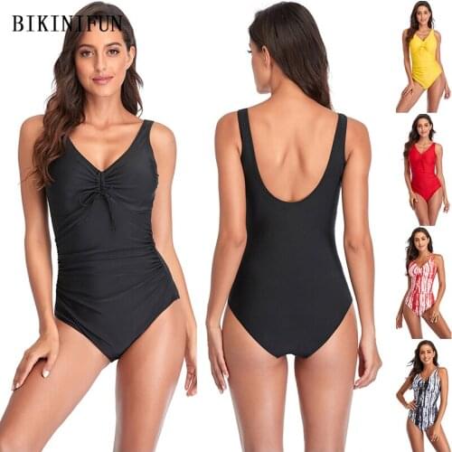 2021 New Smocked One Piece Suit Women Solid Color Monokini Drawstring Beachwear S-2XL Girl Plus Size Swimsuit Striped Swimwear