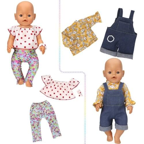 Dolls clothes Fashion T-shirt, denim strap skirt, shoes for 43cm Toys new born doll and American doll accessories
