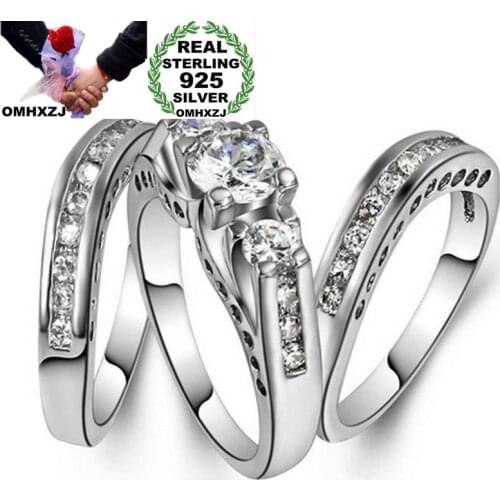 OMHXZJ Wholesale European Fashion Woman Girl Party Wedding Gift Silver White Luxury AAA Zircon 925 Sterling Silver Ring Set RR15