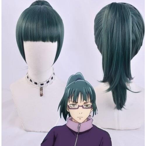 Maki Zenin Cosplay Wig Jujutsu Kaisen Dark Green Ponytail Heat Resistant Synthetic Hair Anime Cosplay Wigs + Wig Cap