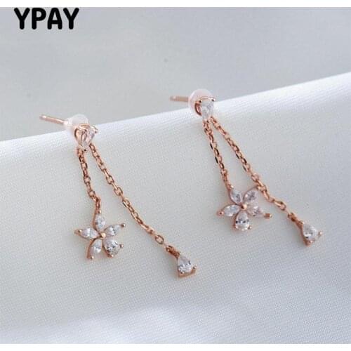 YPAY 100% Genuine 925 Sterling Silver Flower Tassel Drop Dangle Earrings for Women Girls Korea Charming Eardrop Jewelry YME599