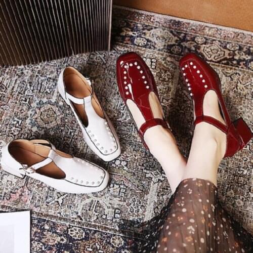 One Word Buckle Large Size Ladies Single Shoes Spring And Summer New Temperament High-Heeled Small Leather Shoes