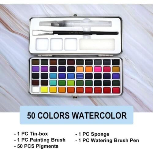 Solid Watercolor Paint Set Portable Metal Box 50 Colors Watercolor Pigment for Beginner Drawing Watercolor Paper Supplies