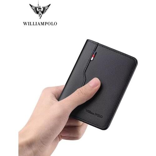 WILLIAMPOLO Mens ultra-thin 100% leather wallet leisure double fold small wallet credit card package
