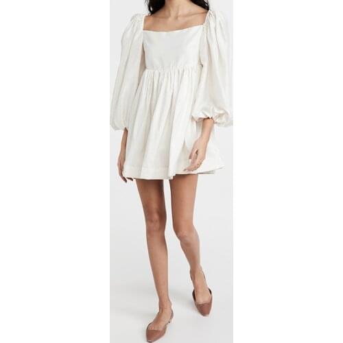 Vintage Square Collar Sweet Mini Dress Woman Puff Lantern Sleeve High Waist Loose Cotton Dress 2021 New Fashionable