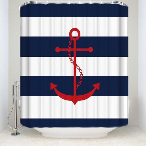 Red Anchor On Blue Stripes Print Shower Curtain Home Decor
