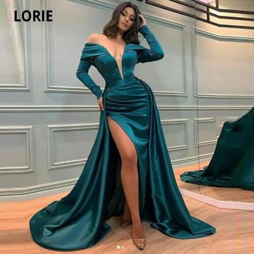 LORIE Green Arabic Evening Dresses 2021 Long Sleeve Off the Shoulder High Side Split Satin Mermaid Sexy Party Dress avondjurken
