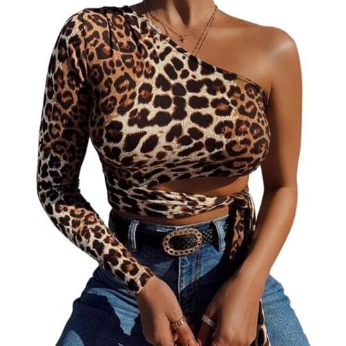 Women One Shoulder Crop Tops T-Shirts Leopard Print Long Sleeve Shirts Lace-up Waist Slim Fit T-Shirts
