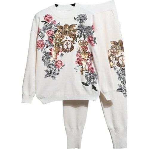 2021 Autumn Winter Tops Women Korean Fashion Sequin Embroidery Flower Loose Knitted Sweater + Harem Pants Two Piece Set Ladies