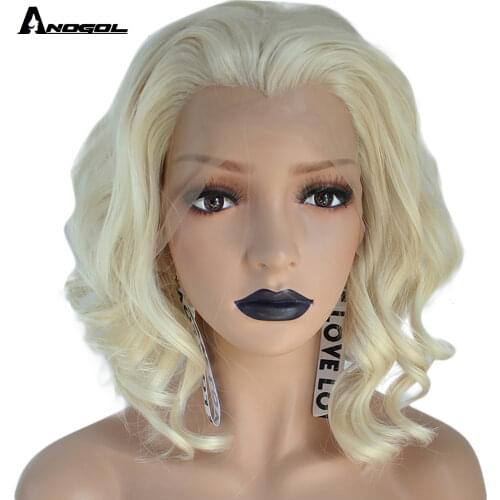 Anogol High Temperature Fiber Deep Peruca Perruque Short Body Wave Full Hair Wigs Platinum Blonde Bob Synthetic Lace Front Wig