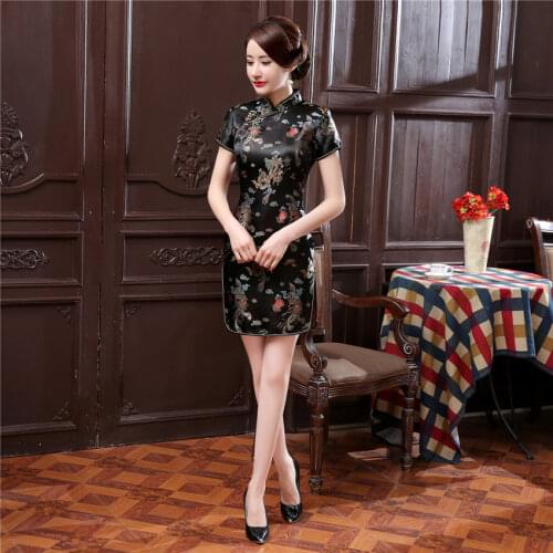 Woman Chinese Gown Short Traditional Mini Dress Retro Style Sexy Cheongsams Phoenix&Flower Embroidery Silk Satin Qipao for Women