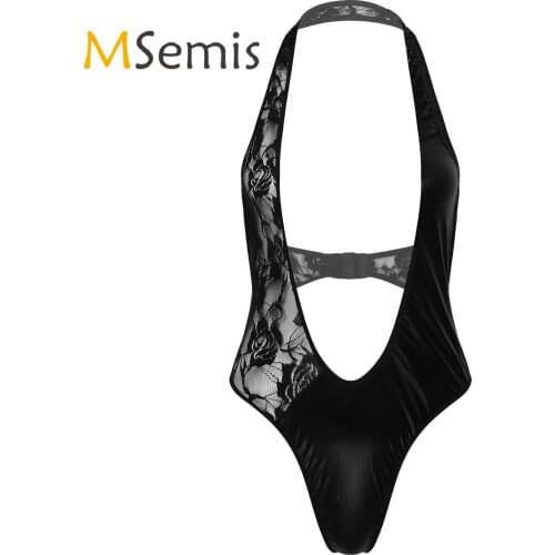 Womens Lingerie Patent Leather Leotard Bodysuit See-Through Lace Patchwork Halter Neck Deep V Neck Sleeveless Bodysuit Nightwear