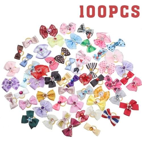 100pcs Colorful Pet Dog Hair Bows Rubber Bands Cat Grooming Puppy Bowknot Pet Hair Headdress Mixed Colors 4x3cm