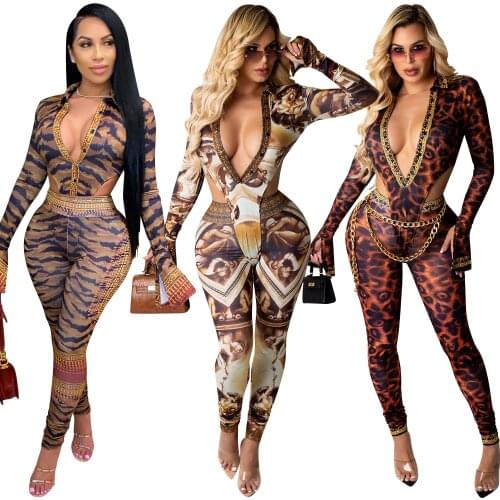 Adogirl Sexy Party Two Piece Set Women Long Sleeve Bodysuit + Leggings Suits Tiger Pattern Tracksuit Fashion Club Outfits
