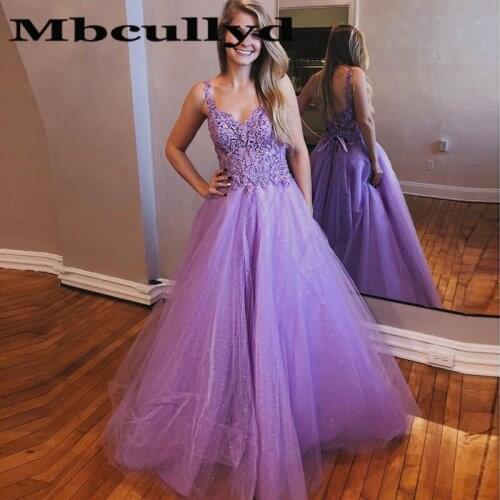 Mbcullyd Lavender A-line Evening Dresses Long 2020 Puffy Glitter Tulle Formal Dress For Women Applique Lace robe de soiree