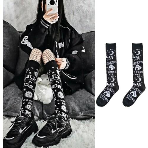 Women Girls Gothic Punk Knee High Long Socks Harajuku Moon Star Letters Printed Kawaii Lolita Student Retro Black Tube