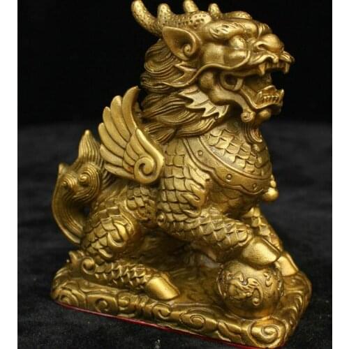 4.8” Chinese Yellow Bronze Fengshui Wing Beast Kirin Qilin Animal kylin Statue