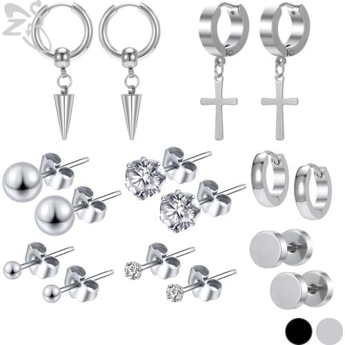 ZS 16pcs/lot Classic Stainless Steel Stud Earring Set Unisex Cross Cone Kpop Hoop Earrings Black Silver Helix Piercing 20g/18g