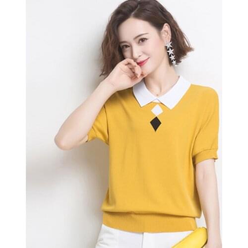 Women Short Sleeve Cool Pullover Tops Fashion Female Yellow Summer Pull Jumper Femme Ice Silk Knitting Top Ladies pullovers
