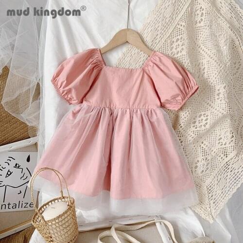 Mudkingdom Girls Princess Dress Summer Solid Pull Sleeve Ball Gown Patchwork Mesh Dresses Girl Short Sleeve Children Clothing