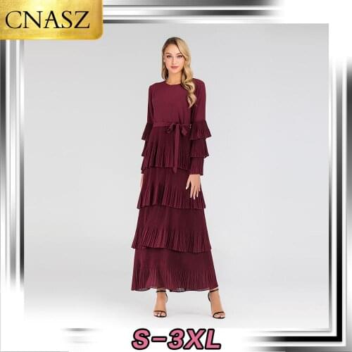 2020 Fashion Latest Burgundy Pleated Design Long Sleeve Abaya Muslim Women Dresses Islamic Turkey Ladies Dress Dubai Hot seler